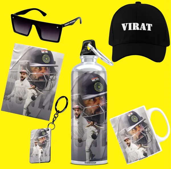 Combo_Pack_Of_6_White_Printed_Virat_Kohli_Gift_|_Mug,_Sipper_Bottle,_Keychain,_Sunglass,_Cap,_Greeting_Card,_Birthday_Gift_Set_For_Virat_Kohli_Fans
