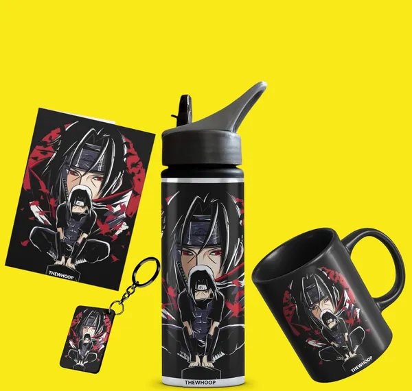 Combo_Pack_Of_6_Black_Printed_Anime_Characters_Design_Gift_|_Mug(350Ml),_Sipper_Bottle(750Ml),_Keychain,_Sunglass,_Cap,_Card,_Gift_Set_For_Itachi_Luffy_Saitama_Anime_Fans_Otaku_(Itachi_-_Anime)