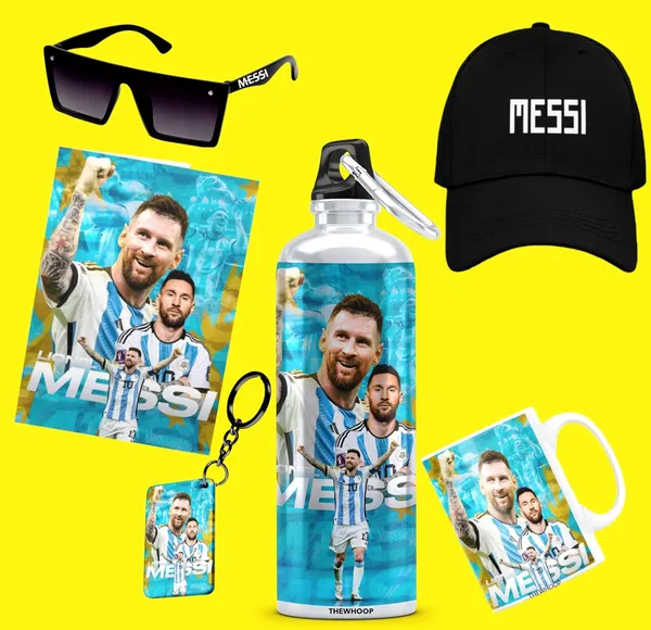 Combo_Pack_Of_6_White_Printed_Lionel_Messi_Gift_|_Mug(350Ml),_Sipper_Bottle(750Ml),_Keychain,_Sunglass,_Cap,_Greeting_Card,_Birthday_Gift_Set_For_Lionel_Messi_Fans