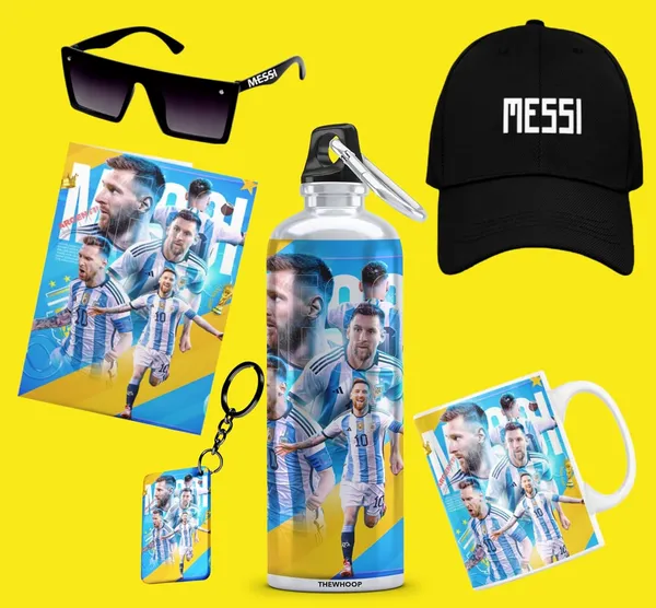 Combo_Pack_Of_6_White_Printed_Lionel_Messi_Gift_|_Mug(350Ml),_Sipper_Bottle(750Ml),_Keychain,_Sunglass,_Cap,_Greeting_Card,_Birthday_Gift_Set_For_Lionel_Messi_Fans