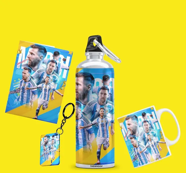 Combo_Pack_Of_6_White_Printed_Lionel_Messi_Gift_|_Mug(350Ml),_Sipper_Bottle(750Ml),_Keychain,_Sunglass,_Cap,_Greeting_Card,_Birthday_Gift_Set_For_Lionel_Messi_Fans