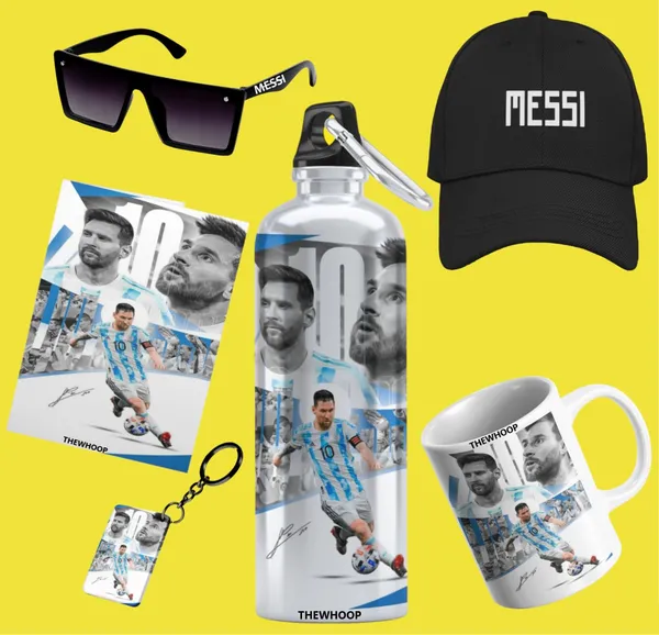 Combo_Pack_Of_6_White_Printed_Lionel_Messi_Gift_|_Mug(350Ml),_Sipper_Bottle(750Ml),_Keychain,_Sunglass,_Cap,_Greeting_Card,_Birthday_Gift_Set_For_Lionel_Messi_Fans