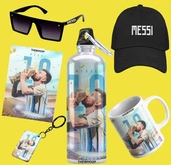 Combo_Pack_Of_6_White_Printed_Lionel_Messi_Gift_|_Mug(350Ml),_Sipper_Bottle(750Ml),_Keychain,_Sunglass,_Cap,_Greeting_Card,_Birthday_Gift_Set_For_Lionel_Messi_Fans