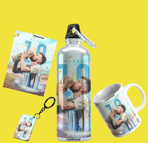 Combo_Pack_Of_6_White_Printed_Lionel_Messi_Gift_|_Mug(350Ml),_Sipper_Bottle(750Ml),_Keychain,_Sunglass,_Cap,_Greeting_Card,_Birthday_Gift_Set_For_Lionel_Messi_Fans
