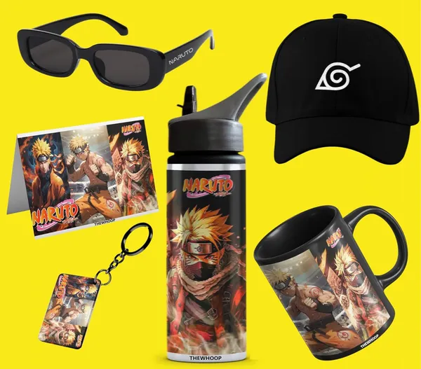 Combo_Pack_Of_6_Black_Printed_Anime_Characters_Design_Gift_|_Mug(350Ml),_Sipper_Bottle(750Ml),_Keychain,_Sunglass,_Cap,_Greeting_Card,_Gift_Set_For_Naruto_Itachi_Anime_Fans_Otaku