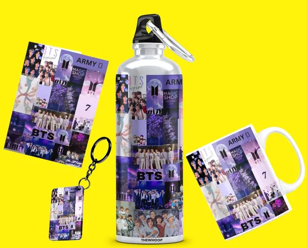 Combo_Pack_Of_6_Purple_Printed_Bts_Boys_Group_Army_Kpop_Gift_|_Mug,_Sipper_Bottle,_Keychain,_Sunglass,_Cap,_Greeting_Card,_Birthday_Gift_Set_For_Bts_Fans