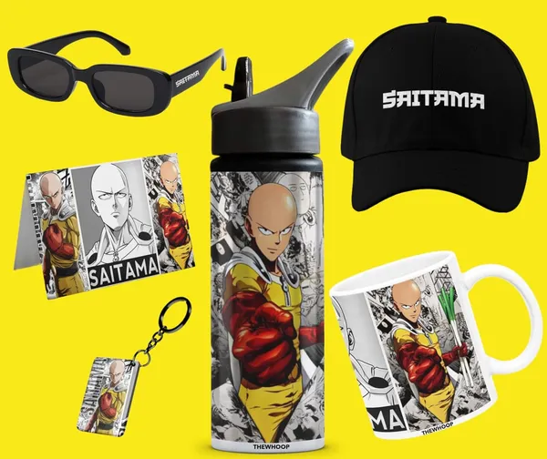 Combo_Pack_Of_6_Black_Printed_Anime_Characters_Design_Gift_|_Mug(350Ml),_Sipper_Bottle(750Ml),_Keychain,_Sunglass,_Cap,_Card,_Gift_Set_For_Itachi_Luffy_Saitama_Anime_Fans_Otaku_(Saitama_-_Anime)