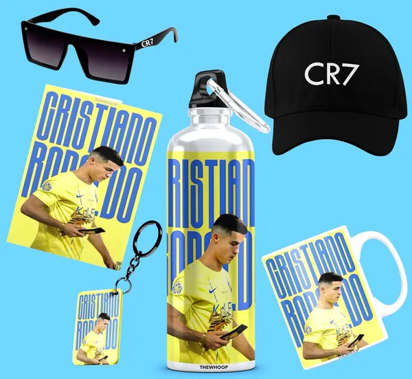 Combo_Pack_Of_6_Golden_Printed_Cristiano_Ronaldo_Gift_|_Mug_(350Ml),_Sipper_Bottle_(750Ml),_Keychain,_Sunglass,_Cap,_Greeting_Card,_Birthday_Gift_Set_For_Cristiano_Ronaldo_Fans