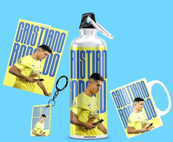 Combo_Pack_Of_6_Golden_Printed_Cristiano_Ronaldo_Gift_|_Mug_(350Ml),_Sipper_Bottle_(750Ml),_Keychain,_Sunglass,_Cap,_Greeting_Card,_Birthday_Gift_Set_For_Cristiano_Ronaldo_Fans