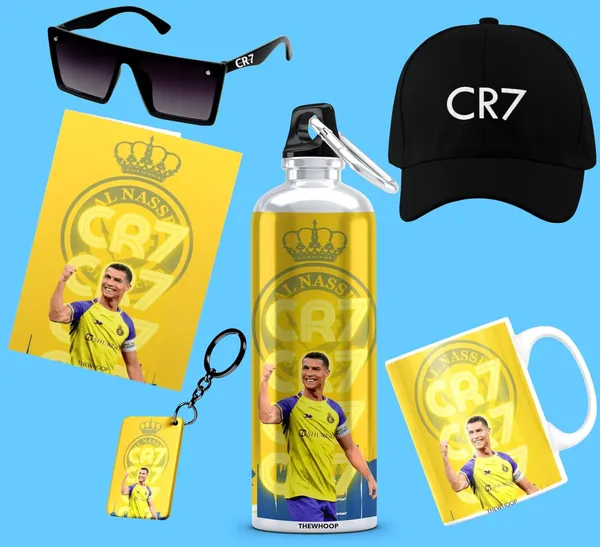 Combo_Pack_Of_6_Orange_Printed_Cristiano_Ronaldo_Gift_|_Mug_(350Ml),_Sipper_Bottle_(750Ml),_Keychain,_Sunglass,_Cap,_Greeting_Card,_Birthday_Gift_Set_For_Cristiano_Ronaldo_Fans