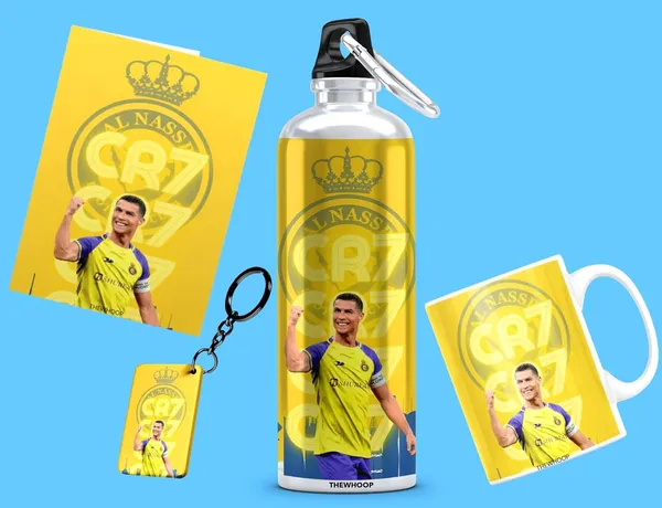 Combo_Pack_Of_6_Orange_Printed_Cristiano_Ronaldo_Gift_|_Mug_(350Ml),_Sipper_Bottle_(750Ml),_Keychain,_Sunglass,_Cap,_Greeting_Card,_Birthday_Gift_Set_For_Cristiano_Ronaldo_Fans