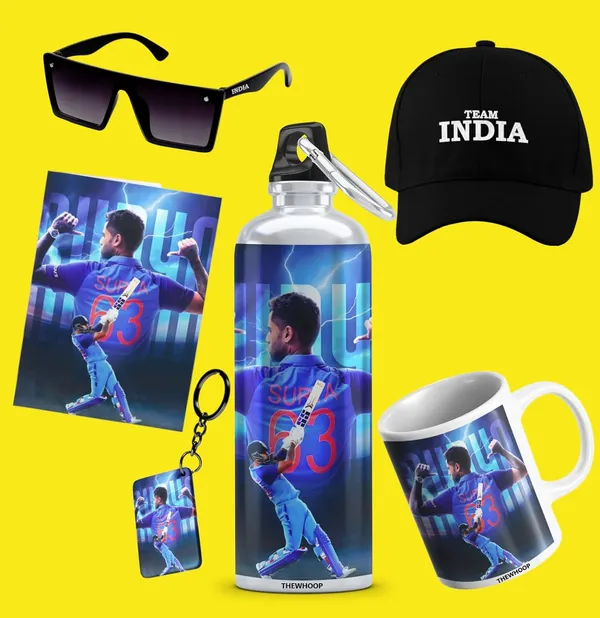 Combo_Pack_Of_6_White_Printed_Indian_Cricketers_Gift_|_Mug,_Sipper_Bottle,_Keychain,_Sunglass,_Cap,_Greeting_Card,_Birthday_Gift_Set_For_Cricket_Fans_(Suryakumar_Yadav)