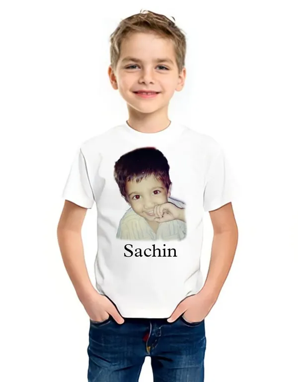 White_Personalized_Photo_&_Name_Custom_Print_Round_Neck_Pure_Cotton_Kids_T-Shirt_For_Boys_And_Girls