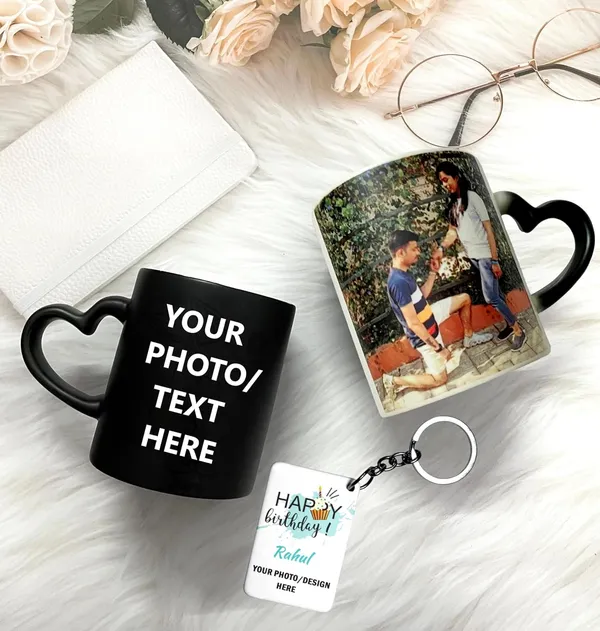 Combo_Pack_Of_White_Customized_Ceramic_Photo_Mug_And_Keychain_|_Birthday/_Valentines_Day_Gift_Personalized_Mug_And_Keychain_With_Your_Photo,_Name_Or_Any_Caption_(Heart_Handle_Magic_Mug)