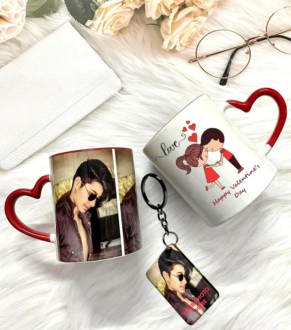 Combo_Pack_Of_White_Customized_Ceramic_Photo_Mug_And_Keychain_|_Birthday/_Valentines_Day_Gift_Personalized_Mug_And_Keychain_With_Your_Photo,_Name_Or_Any_Caption_(_Heart_Handle_Mug)