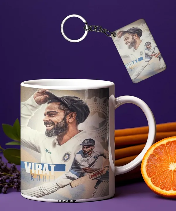 Combo_Pack_Of_2_White_Printed_Virat_Kohli_Ceramic_Coffee_Mug_(350Ml)_With_Wooden_Key-Chain_Gift_For_Virat_Kohli_Fans_&_Cricket_Lovers_(Virat_-_Test)