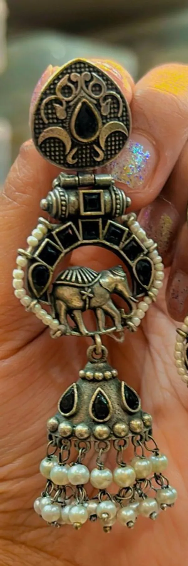 Silver_Ornate_Ethnic_Elephant_Jhumka/_Earrings_For_Women