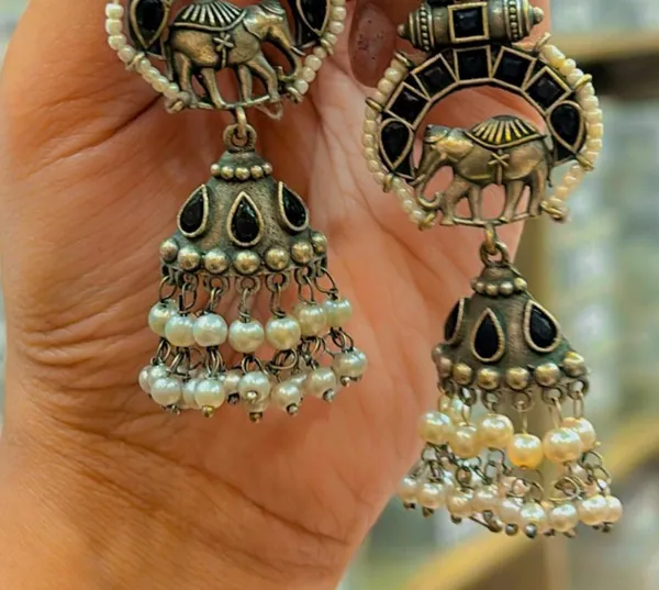 Silver_Ornate_Ethnic_Elephant_Jhumka/_Earrings_For_Women