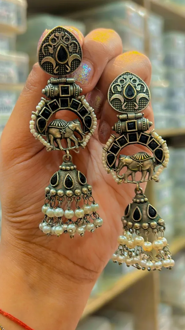 Silver_Ornate_Ethnic_Elephant_Jhumka/_Earrings_For_Women