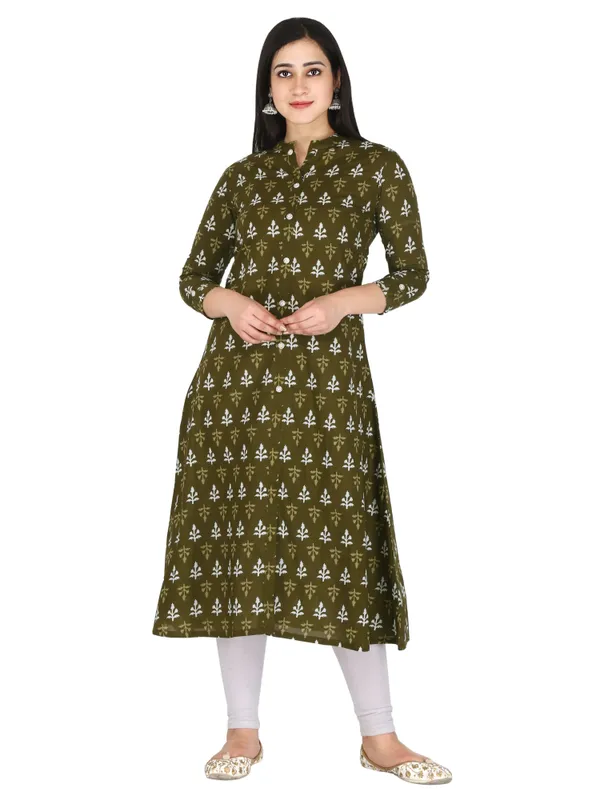 Green_Jaipuri_Motif_Printed_Pure_Cotton_A-Line_Kurta