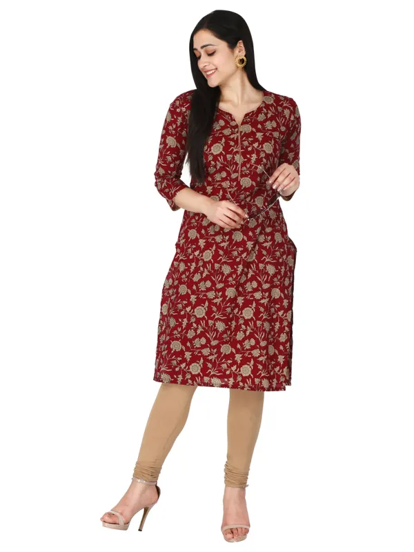 Maroon_Floral_Printed_Pure_Cotton_Straight_Kurta
