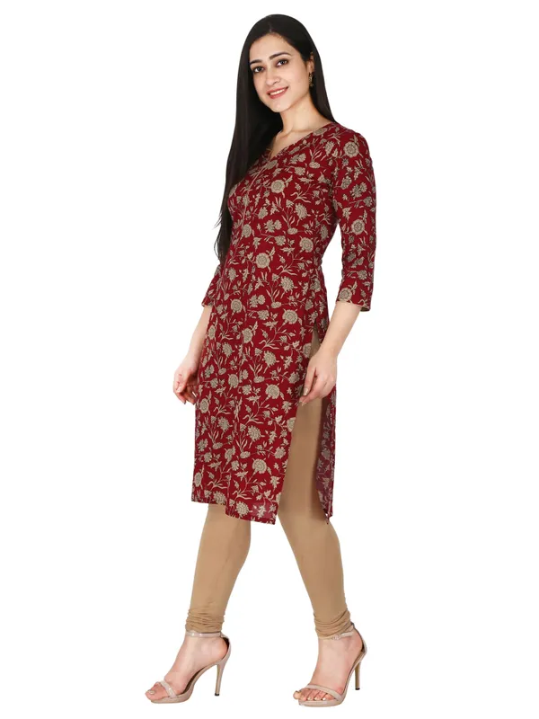 Maroon_Floral_Printed_Pure_Cotton_Straight_Kurta