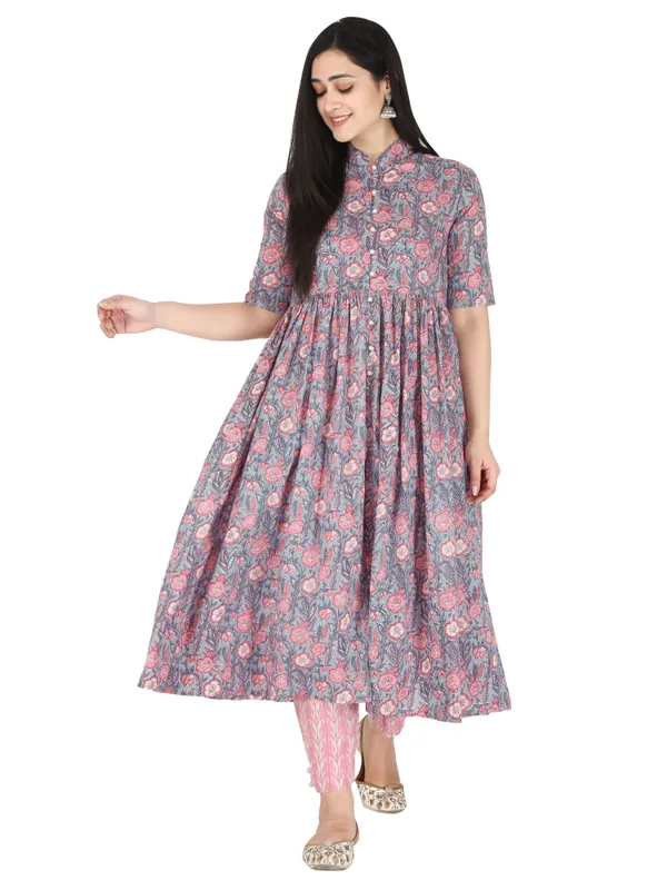 Pink_And_Grey_Floral_Block_Printed_Pure_Cotton_Anarakali_Flared_Kurta_And_Trouser_Set