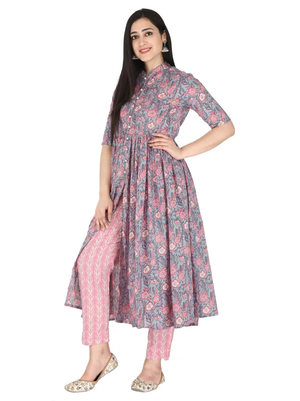 Pink_And_Grey_Floral_Block_Printed_Pure_Cotton_Anarakali_Flared_Kurta_And_Trouser_Set