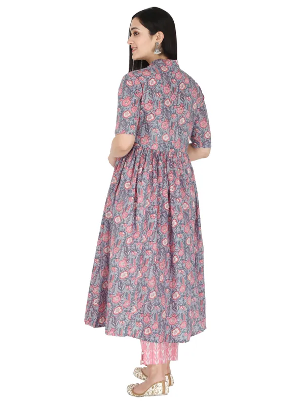 Pink_And_Grey_Floral_Block_Printed_Pure_Cotton_Anarakali_Flared_Kurta_And_Trouser_Set