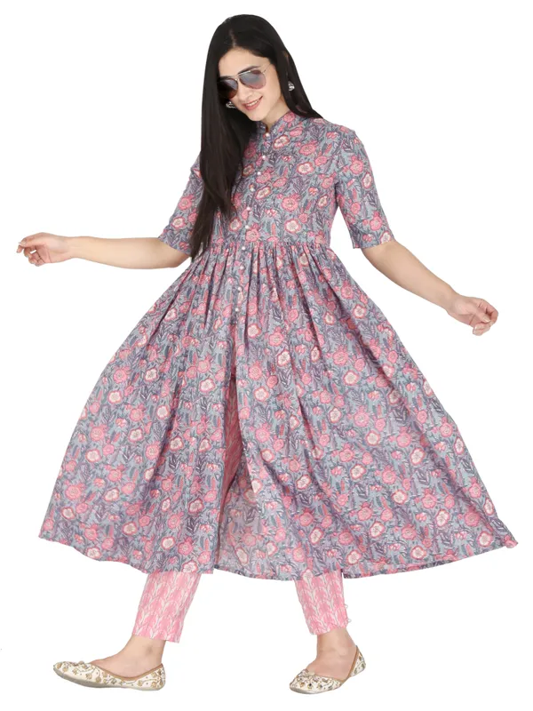 Pink_And_Grey_Floral_Block_Printed_Pure_Cotton_Anarakali_Flared_Kurta_And_Trouser_Set