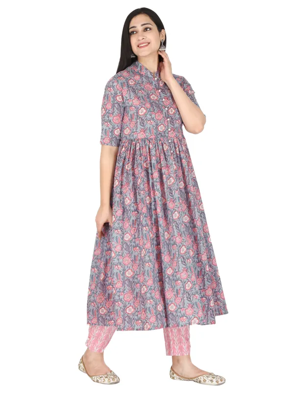 Pink_And_Grey_Floral_Block_Printed_Pure_Cotton_Anarakali_Flared_Kurta_And_Trouser_Set