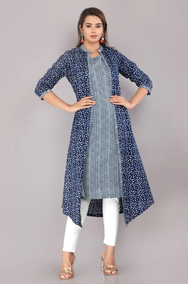 Indigo_Ethnic_Motif_Block_Printed_Pure_Cotton_Kurta_And_Shrug_Set