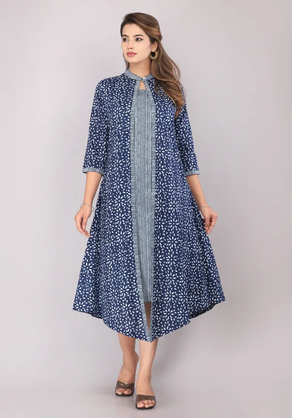 Indigo_Ethnic_Motif_Block_Printed_Pure_Cotton_Kurta_And_Shrug_Set