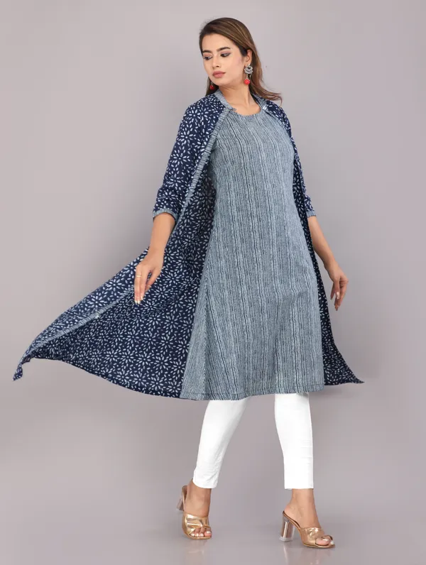 Indigo_Ethnic_Motif_Block_Printed_Pure_Cotton_Kurta_And_Shrug_Set