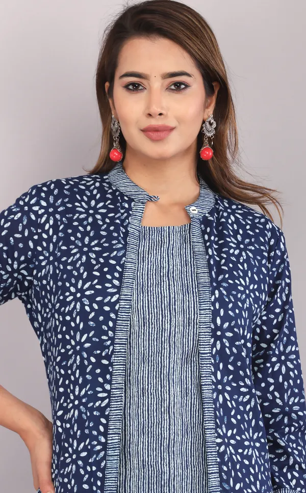 Indigo_Ethnic_Motif_Block_Printed_Pure_Cotton_Kurta_And_Shrug_Set