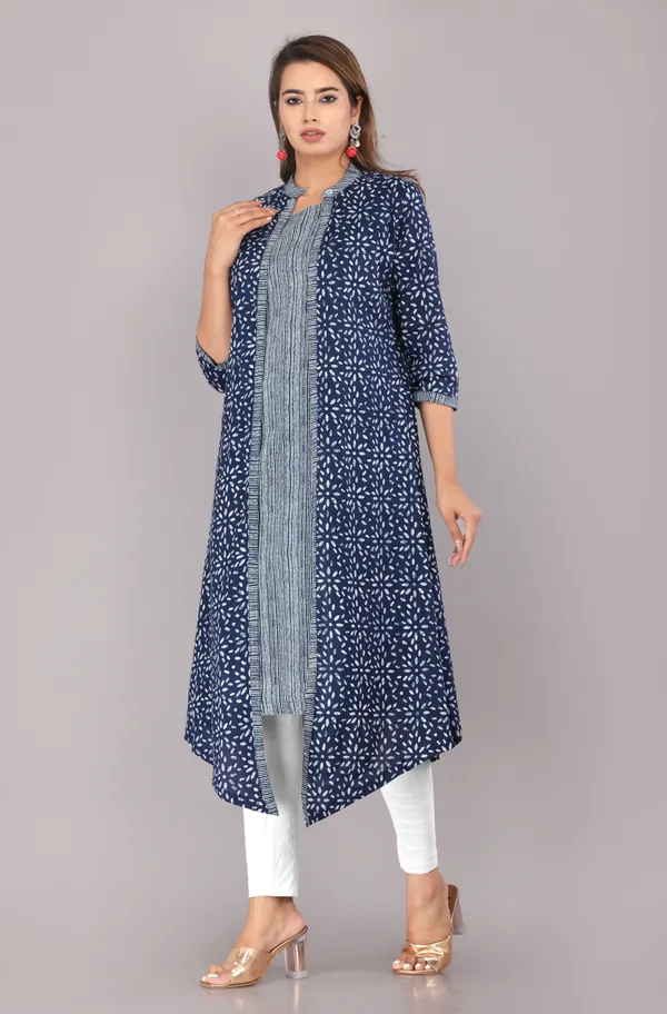 Indigo_Ethnic_Motif_Block_Printed_Pure_Cotton_Kurta_And_Shrug_Set