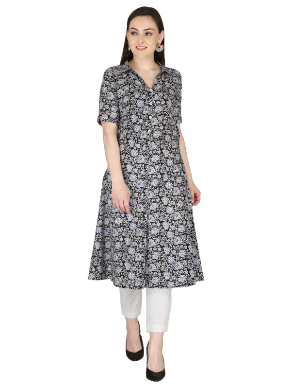 Black_and_White_Floral_Printed_Pure_Cotton_A-Line_Kurta
