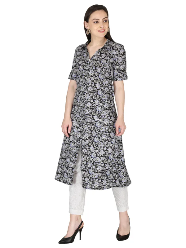 Black_and_White_Floral_Printed_Pure_Cotton_A-Line_Kurta