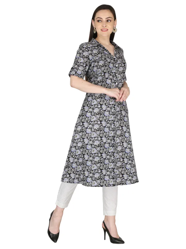Black_and_White_Floral_Printed_Pure_Cotton_A-Line_Kurta
