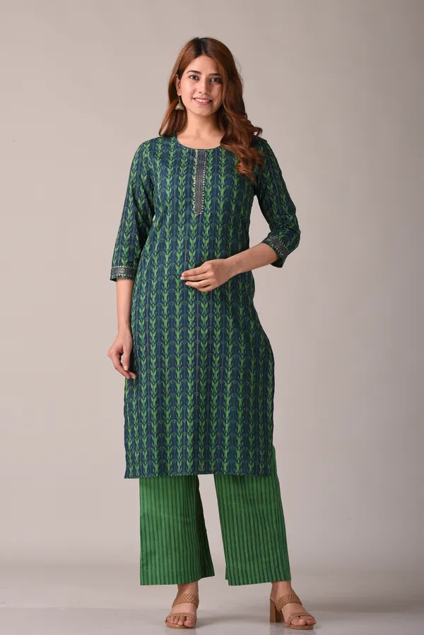 Green_Abstract_Printed_Pure_Cotton_Straight_Kurta