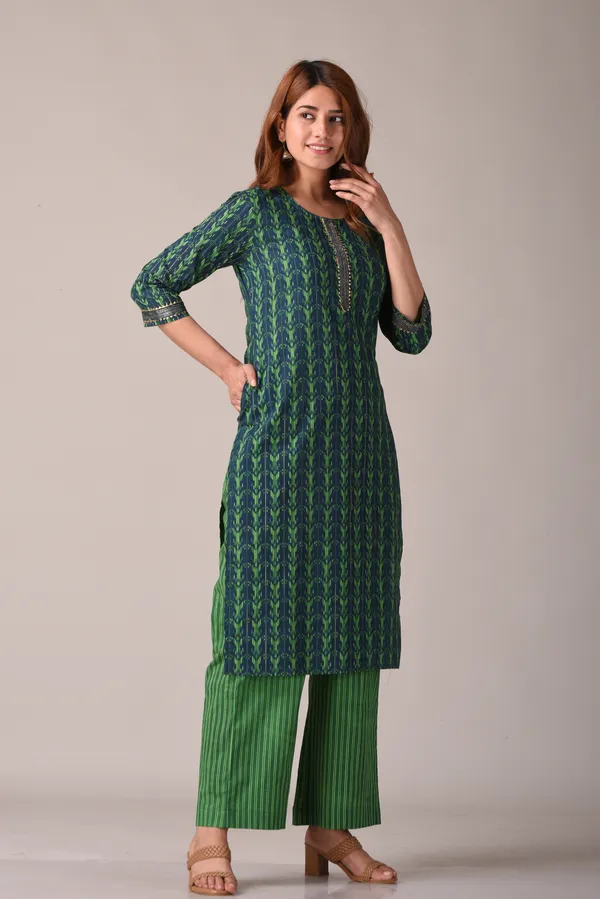 Green_Abstract_Printed_Pure_Cotton_Straight_Kurta