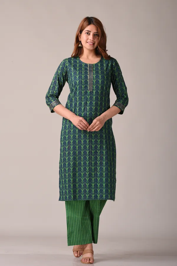 Green_Abstract_Printed_Pure_Cotton_Straight_Kurta