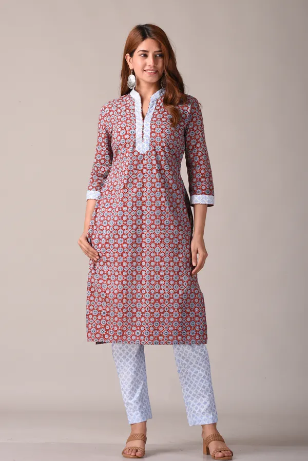 Maroon_Ajrak_Printed_Straight_Kurta