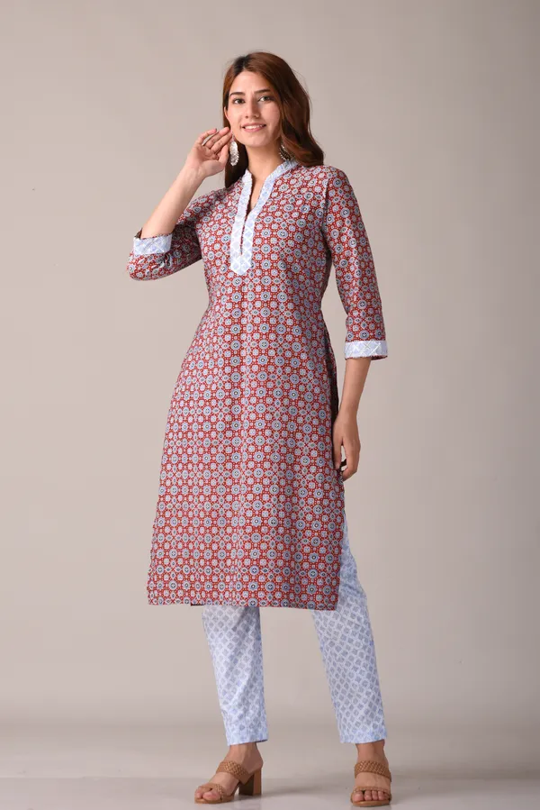 Maroon_Ajrak_Printed_Straight_Kurta