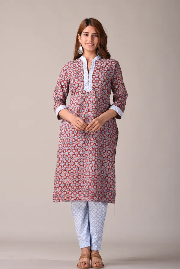 Maroon_Ajrak_Printed_Straight_Kurta