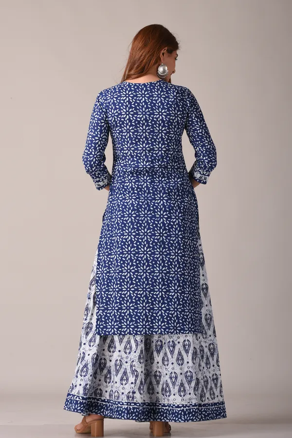 Indigo_Floral_Ethnic_Motif_Block_Printed_Pure_Cotton_Kurta_And_Skirt_Set