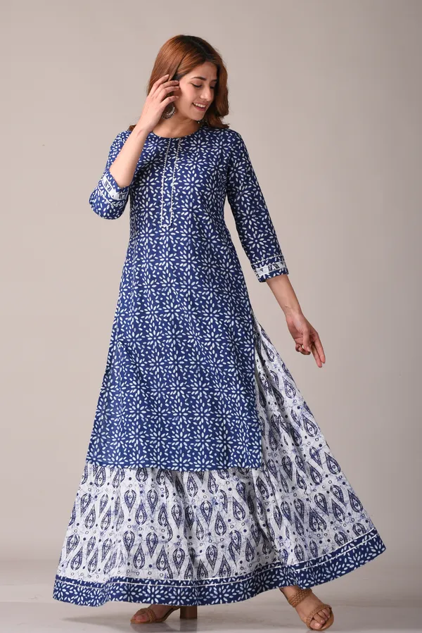 Indigo_Floral_Ethnic_Motif_Block_Printed_Pure_Cotton_Kurta_And_Skirt_Set