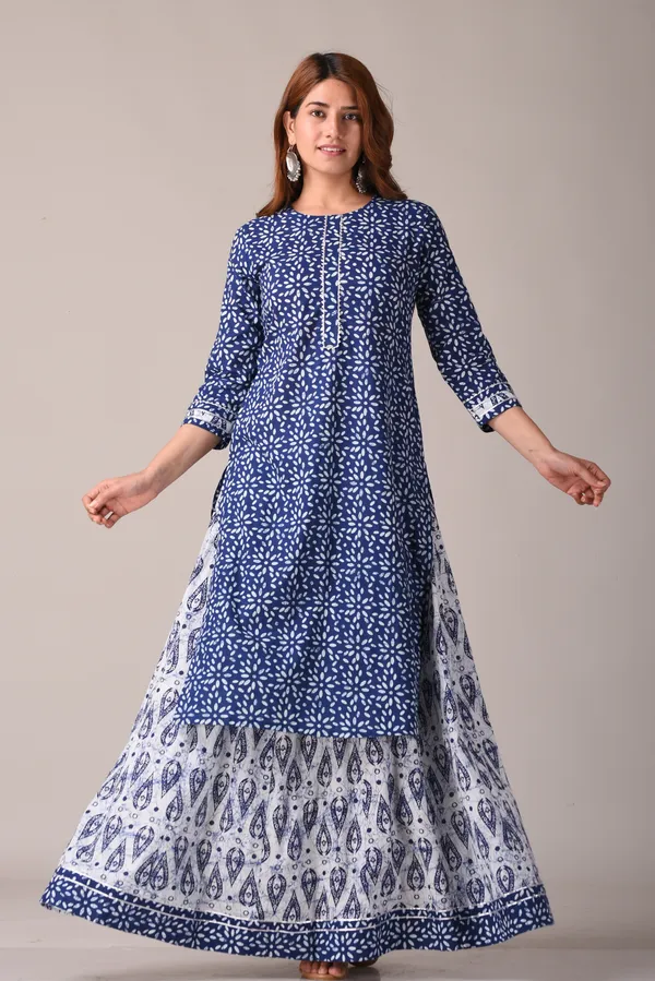 Indigo_Floral_Ethnic_Motif_Block_Printed_Pure_Cotton_Kurta_And_Skirt_Set