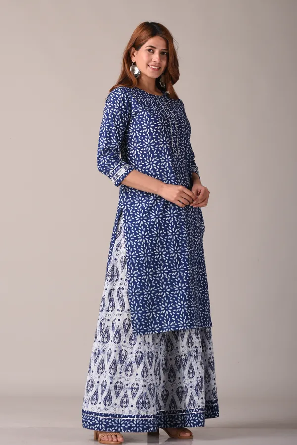 Indigo_Floral_Ethnic_Motif_Block_Printed_Pure_Cotton_Kurta_And_Skirt_Set
