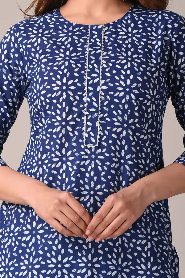 Indigo_Floral_Ethnic_Motif_Block_Printed_Pure_Cotton_Kurta_And_Skirt_Set